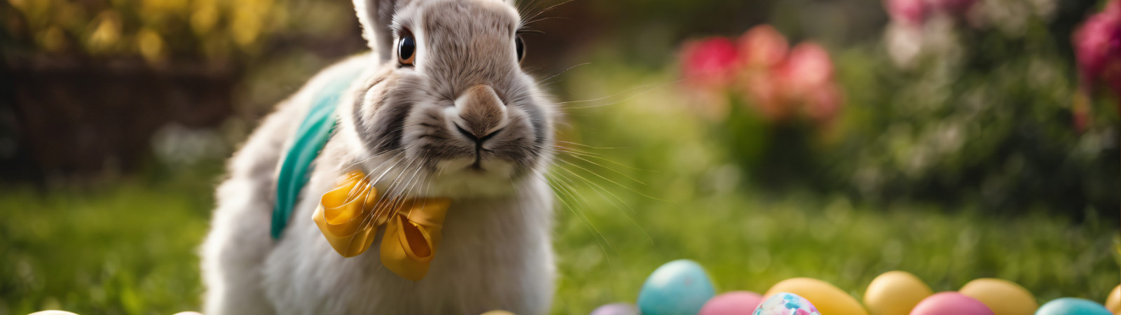 Easter bunny with colorful eggs in the garden. Happy Easter.